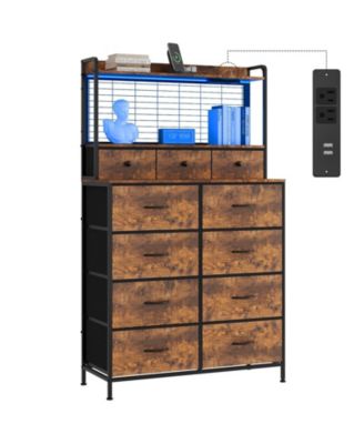 11 Drawer Fabric Dresser with Charging Station, Wireless Charger and RGB LED Lights Storage Organizer
