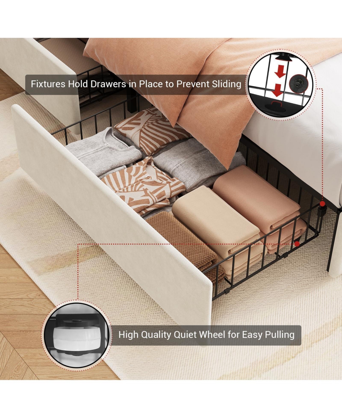 gaomon Velvet Upholstered Bed Frame with Led Lights, 4 Drawers, Wingback Headboard and Charging Station, No Box Spring