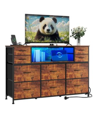 10 Drawer Fabric Dresser TV Stand with LED Lights and Power Outlets, 45"-55" TV Entertainment Center