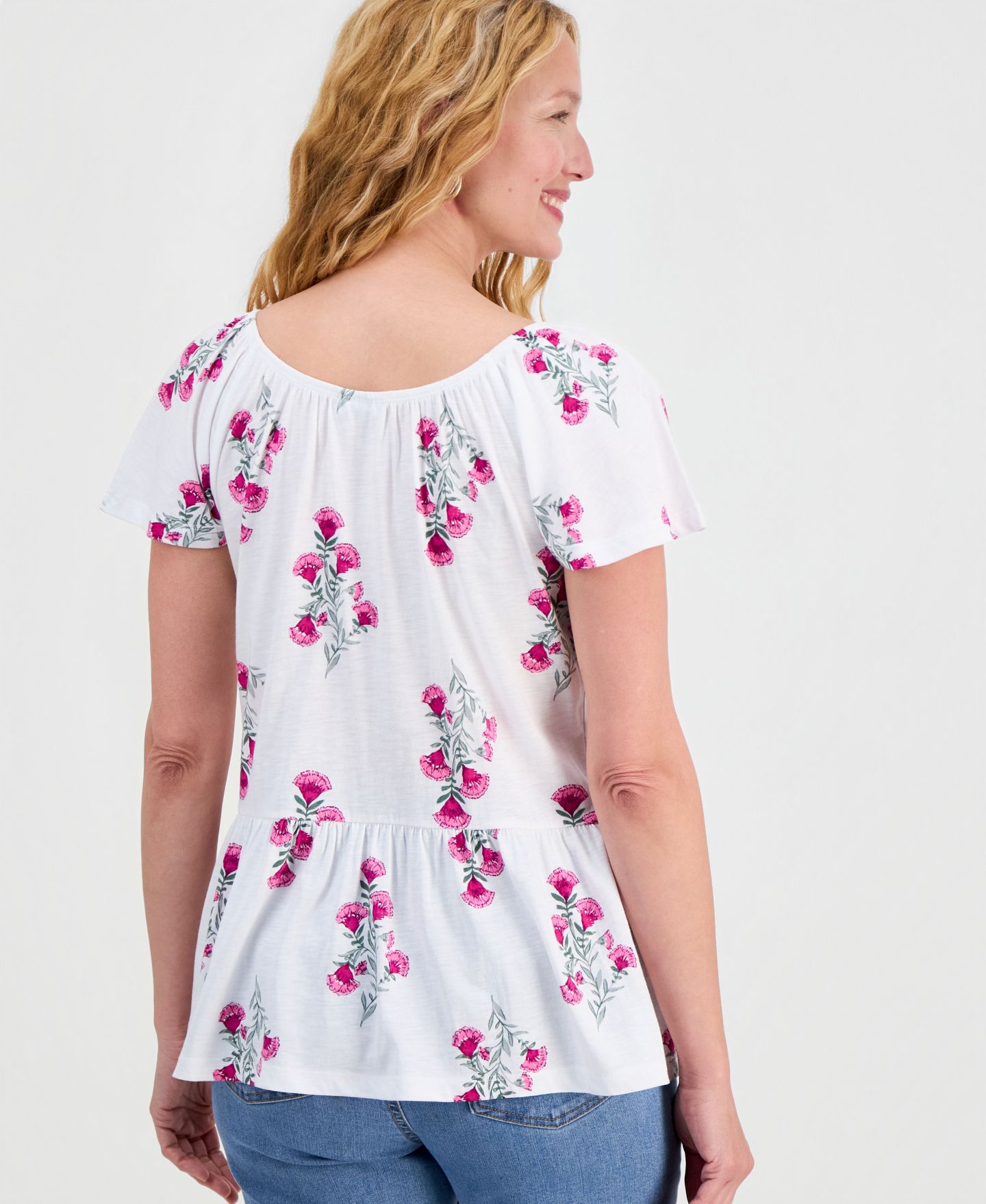 Женский топ Style & Co Printed Peplum Scoop-Neck, цвет: Яркий белый — фото 3