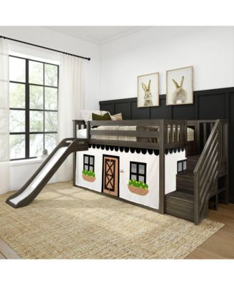 Low Loft With Stairs, Easy Slide and Black and White Farmhouse Curtain
