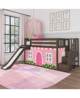 Low Twin over Twin Bunk With Stairs, Easy Slide and Light Pink and White Farmhouse Curtain