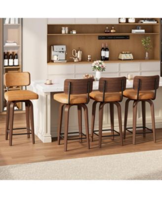 Swivel Bar Stools Set of 4, 26" Upholstered Counter Height Bar Stools with Back and Walnut Wood Legs