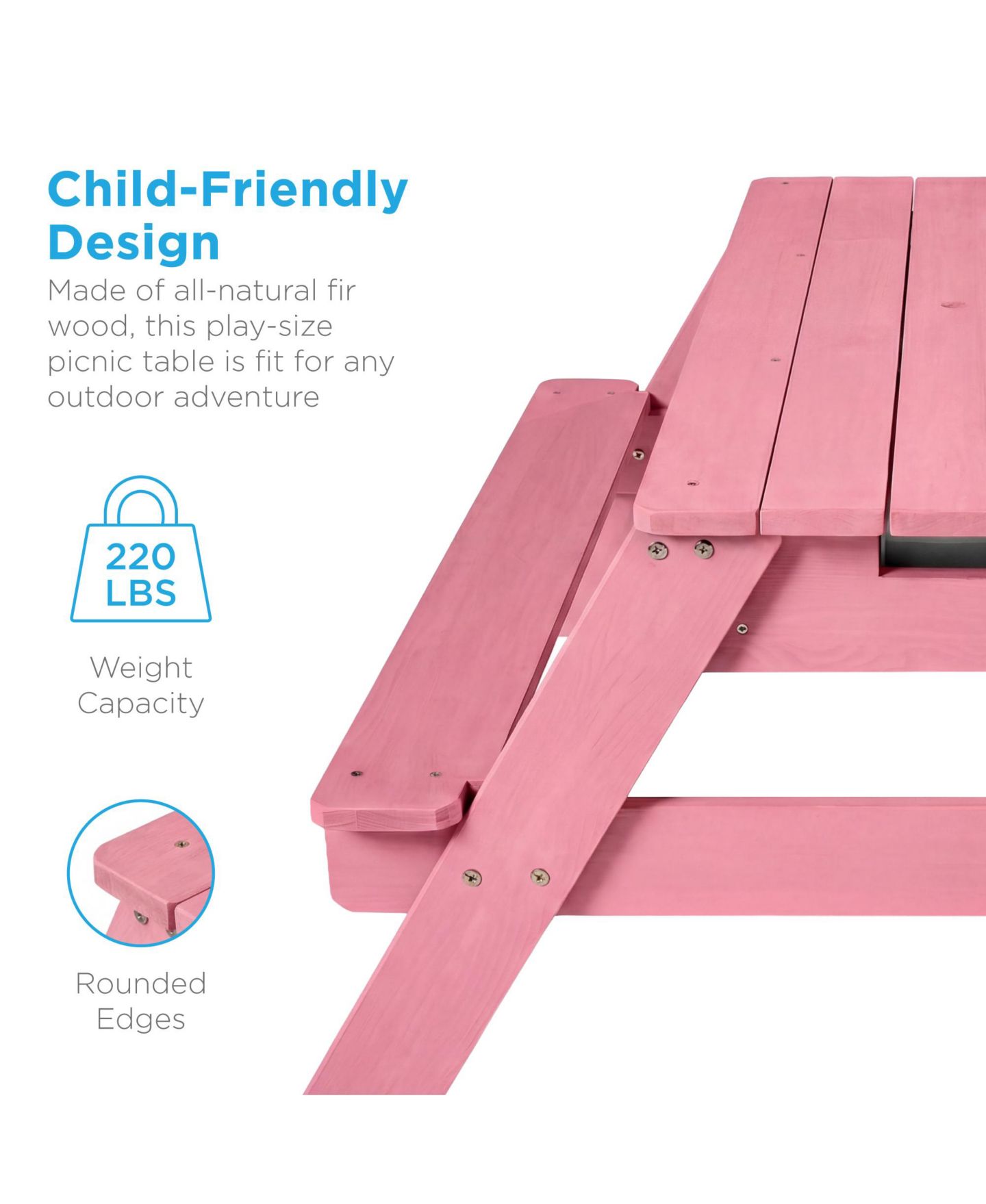 Детская игрушка Best Choice Products 3-in-1 Convertible Hemlock Picnic Table with Adjustable Umbrella, Seats 4, Ages 3+, цвет: Розовый — фото 8
