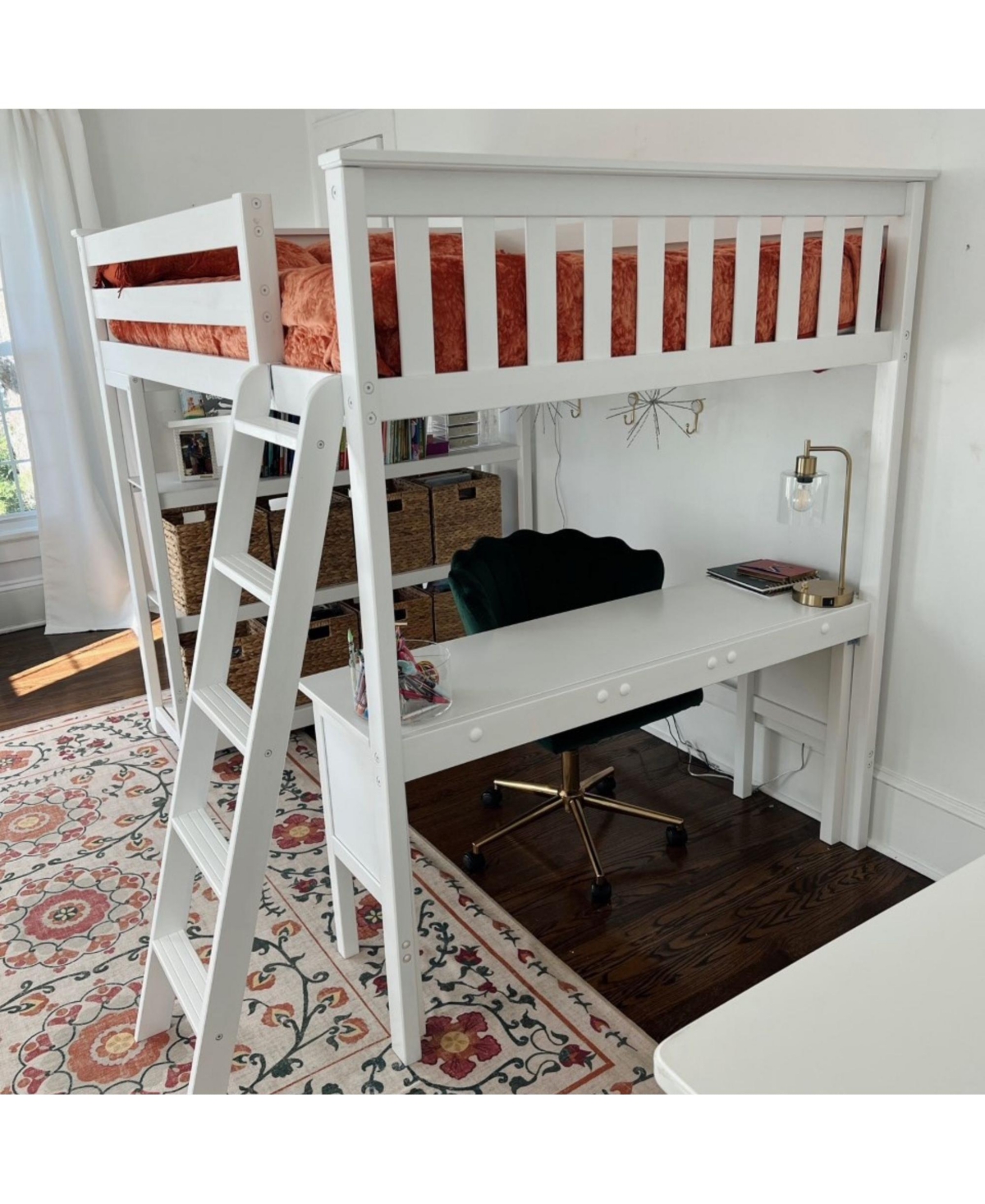 Max and Lily Full High Loft Bed with Desk, Ladder Bookcase, Solid Wood Frame, Space Saving, 400 lbs Weight Capacity, Easy Assembly
