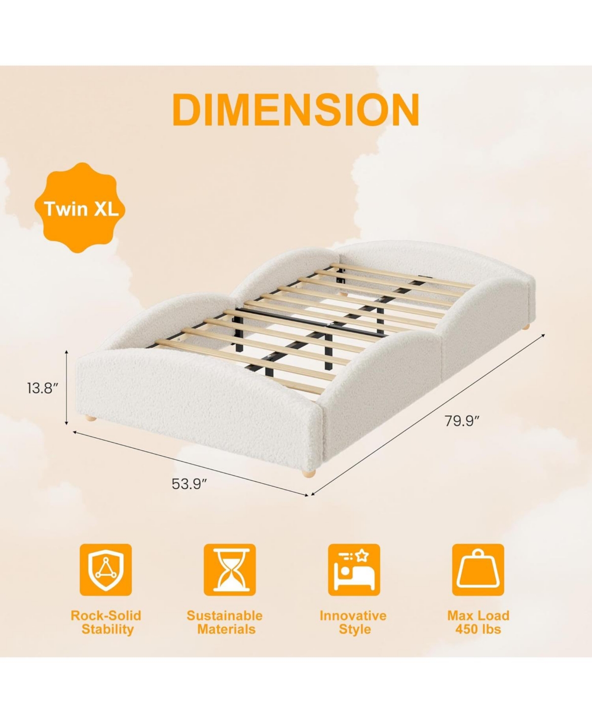 gaomon Twin-xl Size Upholstered Floor Bed for Kids, Teddy Fabric Soft Upholstered Bed Frame with Cloud Shaped Guardrails