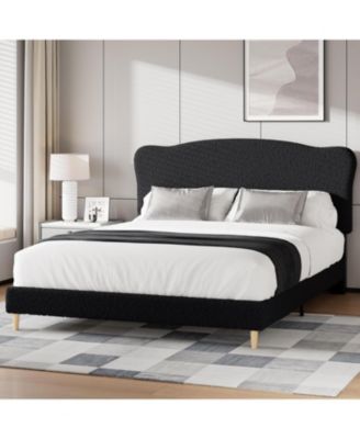 Queen Size Bed Frame with Upholstered Headboard, Soft Low Profile Sturdy Platform Bed with Rounded Corners Design, Heavy Duty, Wooden Slats
