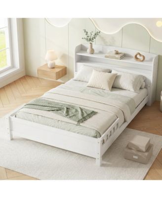 Full Pine Wood Bed with Bookcase Headboard, LED Motion Sensor Light and Bed Guardrails
