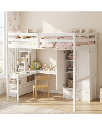Loft Wood Bed with Desk, Bookshelves and Wardrobe with Doors and Drawer