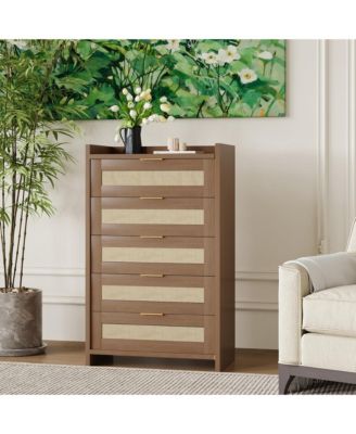 Rattan 5 Drawer Dresser, 46" Tall Wooden Chest with Metal Handles for Bedroom, Living Room