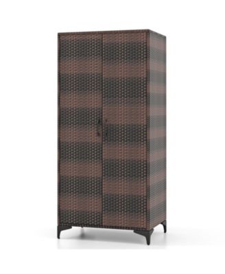 Metal Frame Tall Wicker Wardrobe Closet with Hanging Rod and Doors