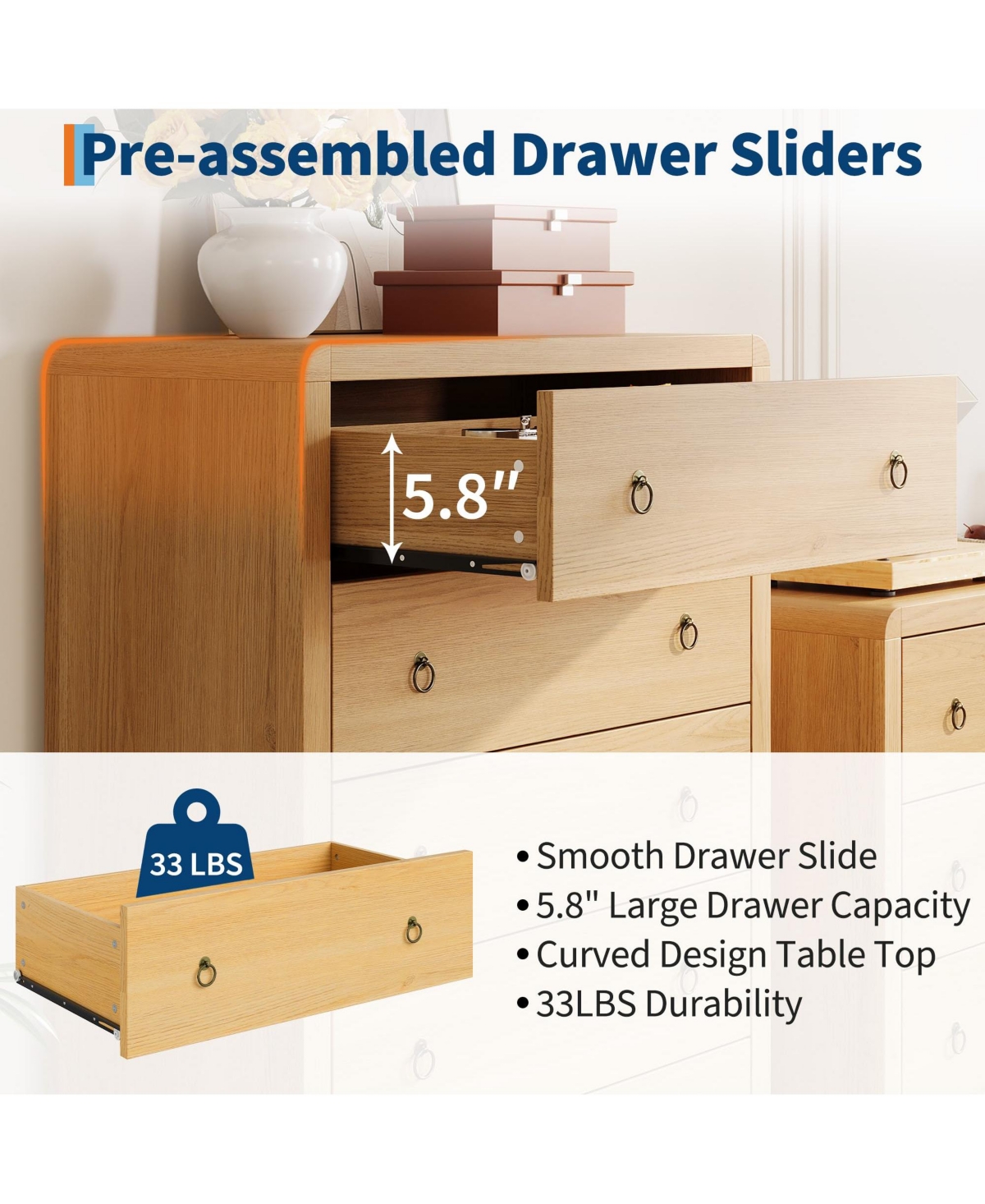 gaomon 5 Drawer Dresser for Bedroom, 47" Tall Storage Cabinet, Nightstand with Large Clothes Organizer