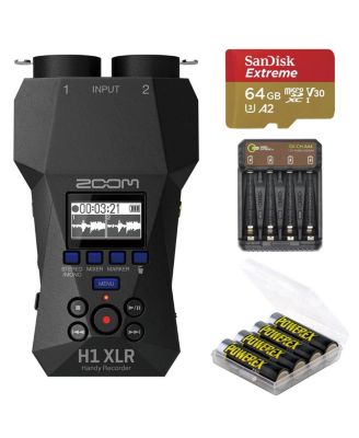 H1 XLR 32-Bit Float Handy Recorder, Bundle with 64GB Memory Card, 4x AA NiMH Batteries - GX-CH-AA4 4-Bay Charger