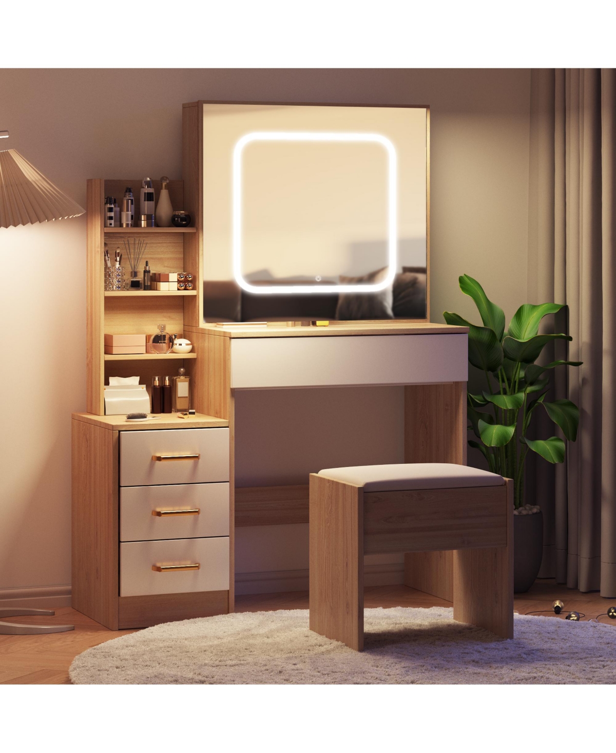 Homfan Modern Vanity Desk with Sliding Led Mirror, 4 Drawers, Power Outlet, Storage Shelves, Adjustable Lighting, Cushioned Stool