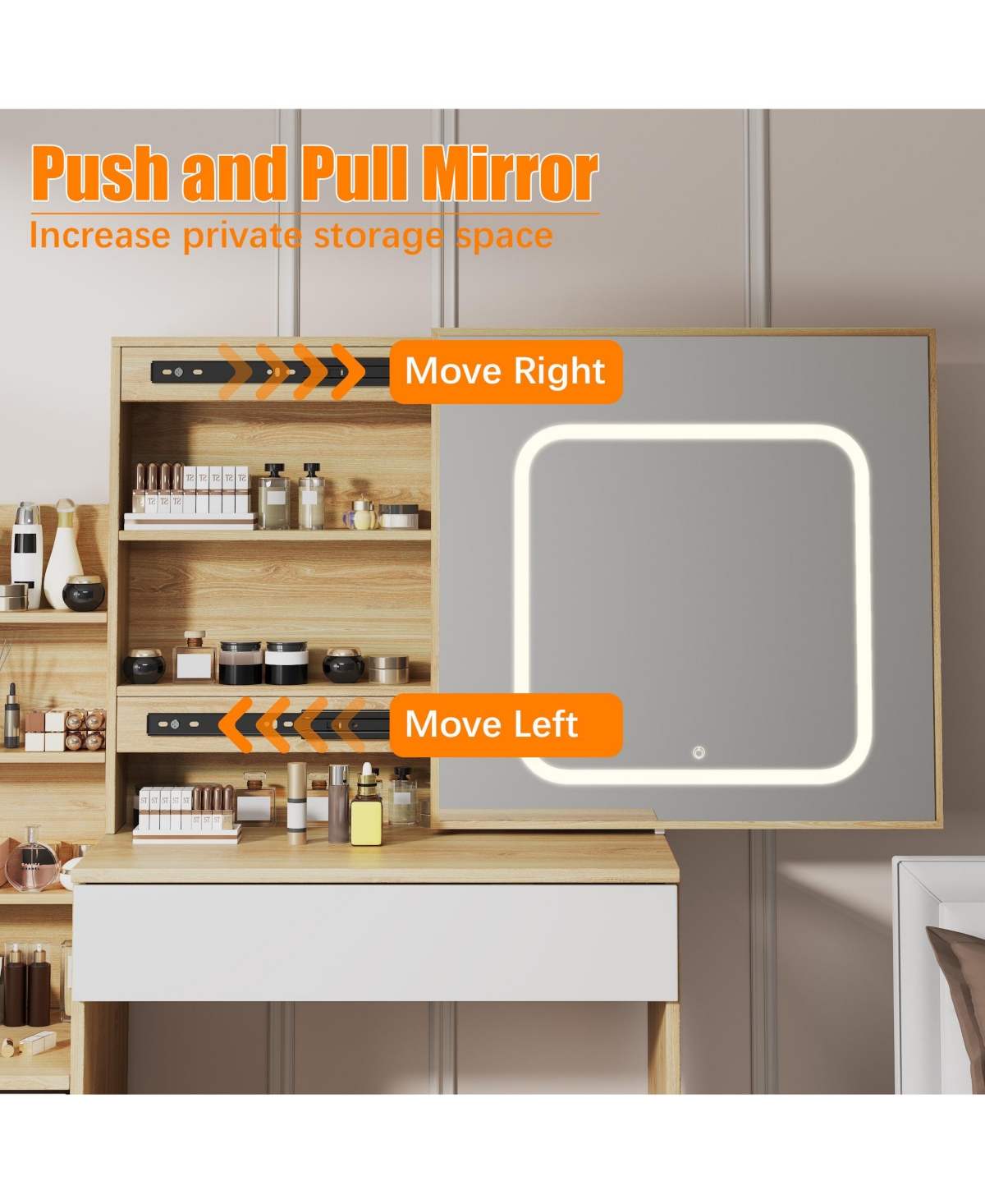 Homfan Modern Vanity Desk with Sliding Led Mirror, 4 Drawers, Power Outlet, Storage Shelves, Adjustable Lighting, Cushioned Stool