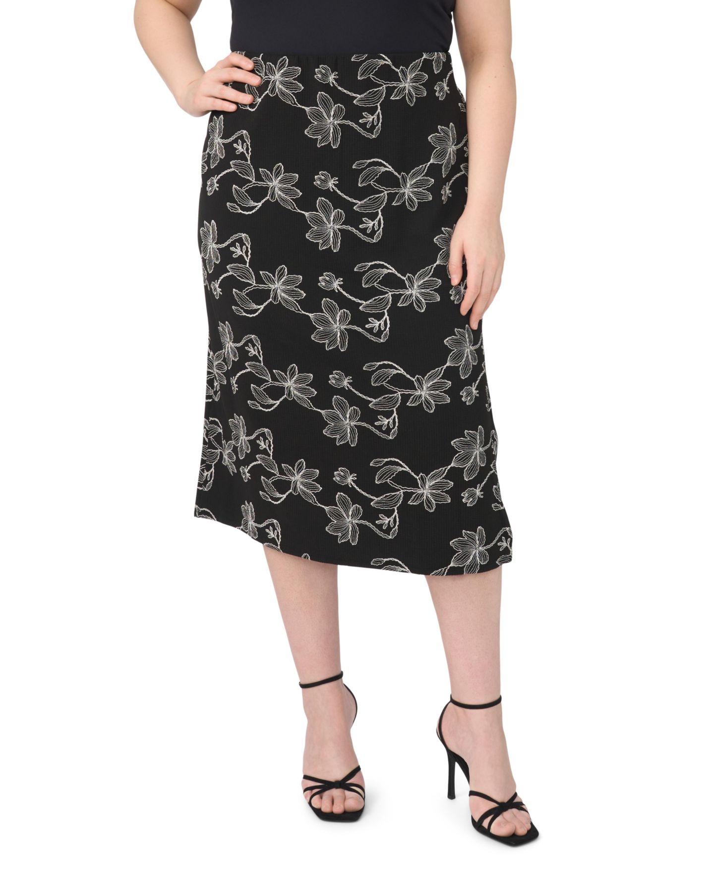 Женская юбка Vince Camuto Plus Size Floral Embroidered Pull-On Midi, цвет: Насыщенный чёрный — фото 5