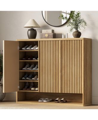 Wooden Shoe Cabinet Set with Fluted Doors and Adjustable Shelves, 46 in Entryway Shoe Storage Organizer for Hallway