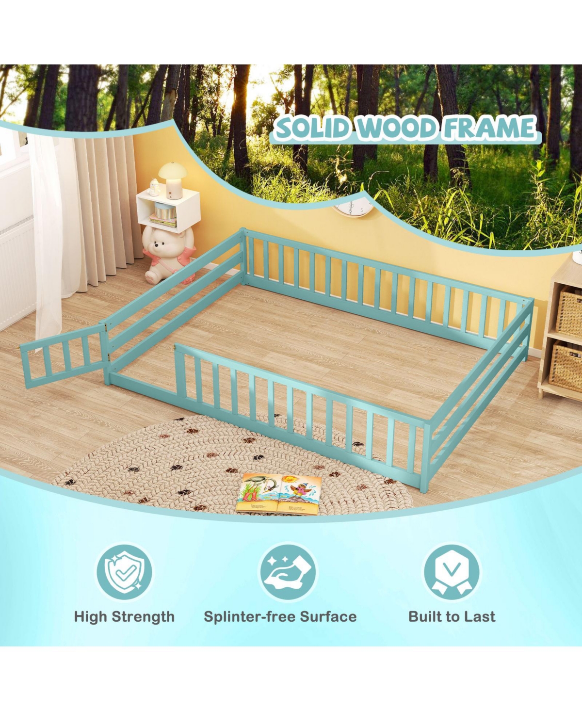 Slickblue Kids Floor Bed with Full Safety Guardrails, Low Height Platform Frame