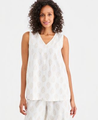 Women's Printed Sleeveless Linen V-Neck Tunic