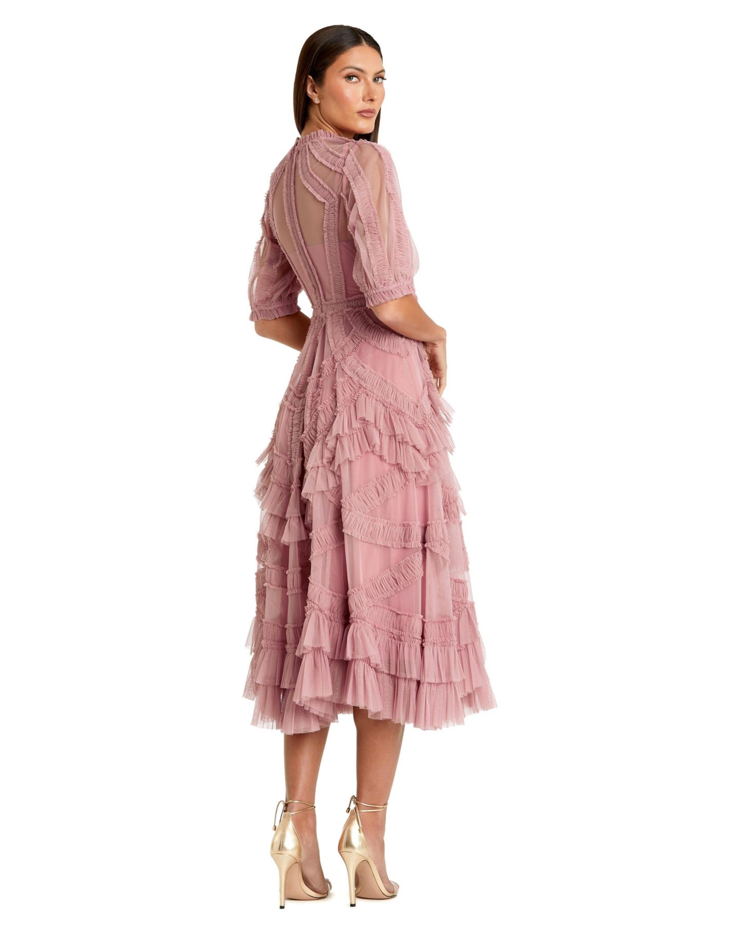 Женское платье Mac Duggal Petite High Illusion Neck Ruffle Tiered A-Line Midi, цвет: Состаренный розовый — фото 2