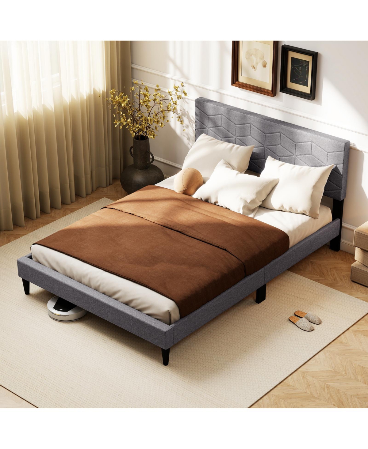 Slickblue Linen Fabric Upholstered Platform Bed Frame