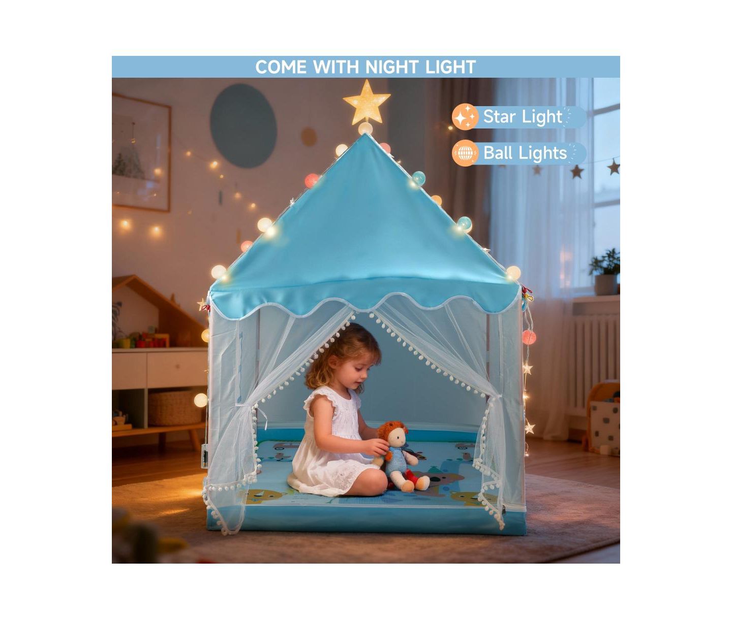 Детские игрушки Bruce & Shark Indoor Play Tent with Star & Ball Lights and Play Mat, 3-Piece Set, Ages 3+, цвет: Синий — фото 2