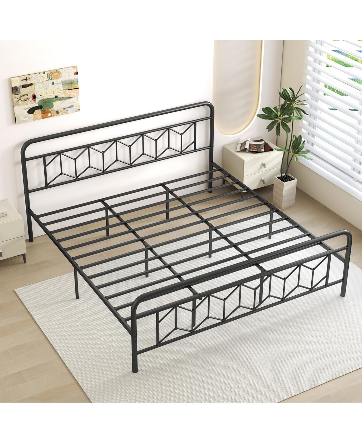 Slickblue Modern Platform Bed with Tall Headboard Secure Snap Lock Slats Design