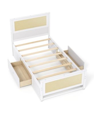 Rattan Twin Bed Frame with Built-in Storage Drawers