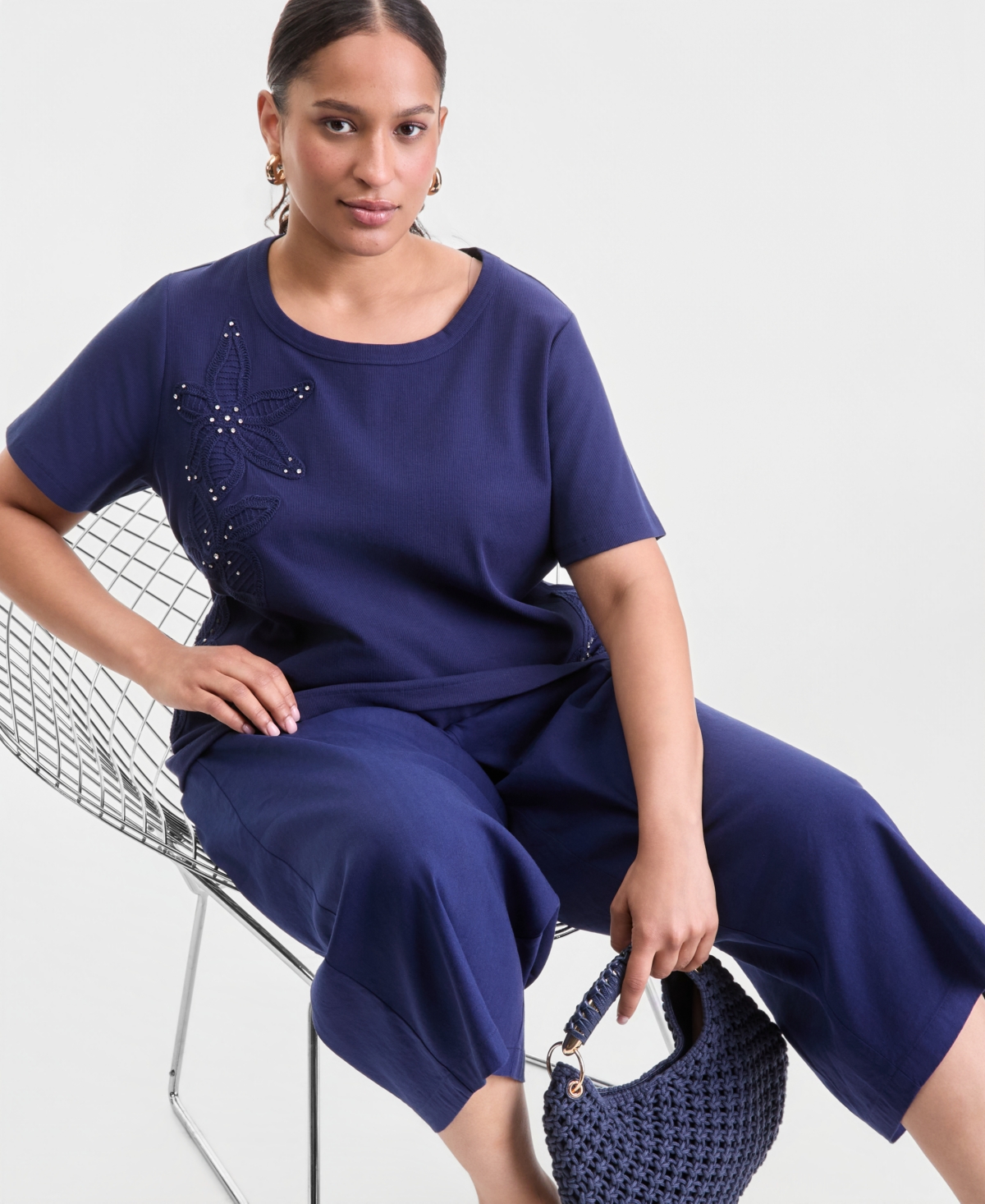 I.n.c. International Concepts Plus Short-Sleeve Crochet Embellished T-Shirt, Macy's Exclusive