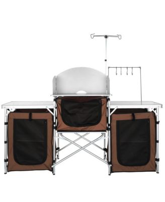 Folding Camping Kitchen Table Outdoor Cooking Station with Storage and Windscreen