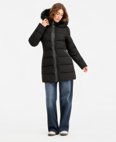 Женская куртка Maralyn & Me Juniors' Hooded Faux-Fur-Trim Puffer, цвет: Чёрный