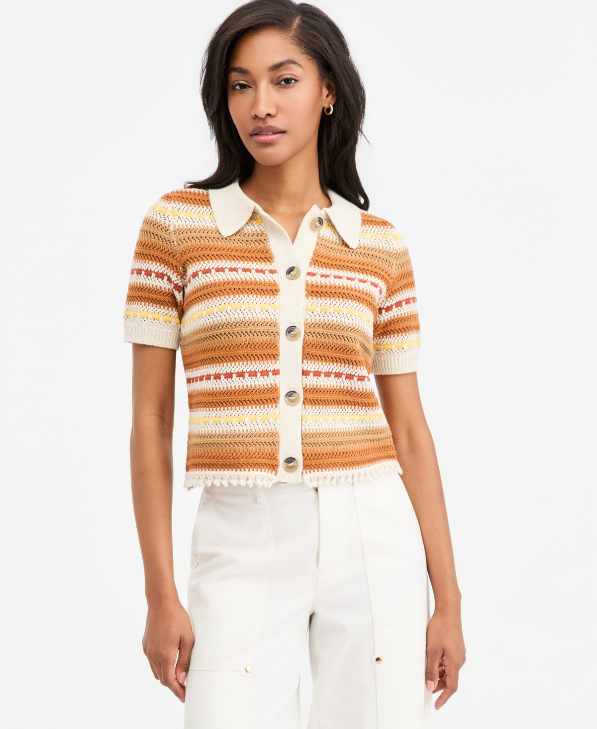On 34th Women's Textured Stripe Short-sleeve Collared Cardigan, Macy's Exclusive In Serene Ivory Combo