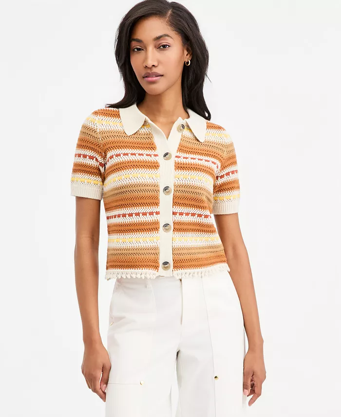 Women's Textured Stripe Short-Sleeve Collared Cardigan