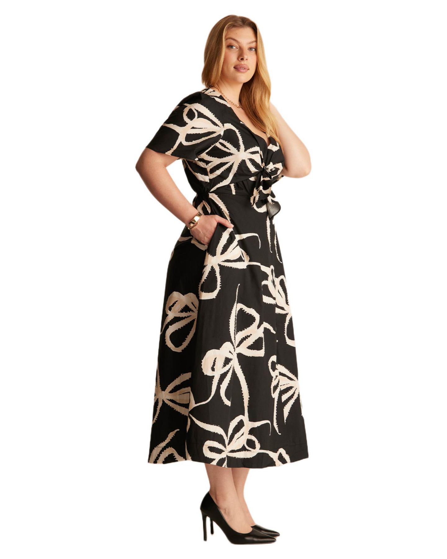 Женское платье ESTELLE Plus Size Nadja Wrap Tie-front Fit Flare Empire Midi, цвет: Бежевый — фото 3