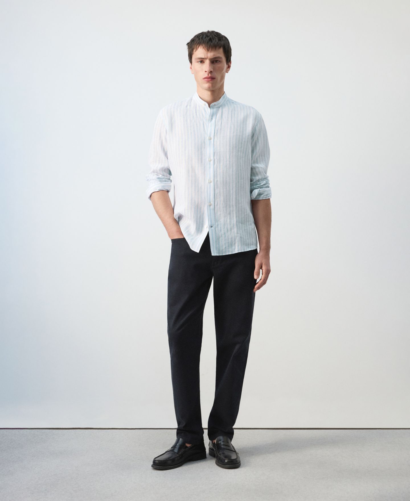 Мужская рубашка Mango Mandarin Collar Striped, цвет: Небесно-голубой — фото 2