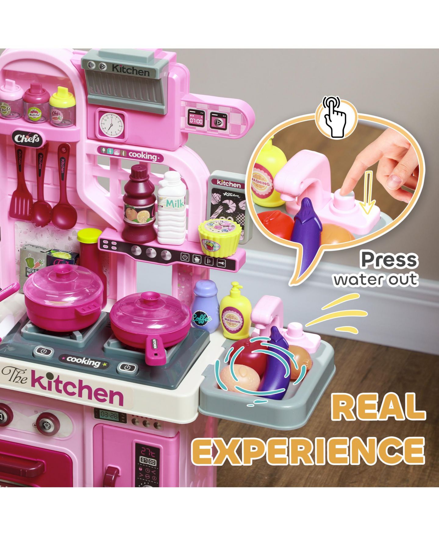 Детская игрушка Qaba Kids Play Kitchen with Lights, Sounds, 33 Accessories, Storage, цвет: Розовый — фото 4