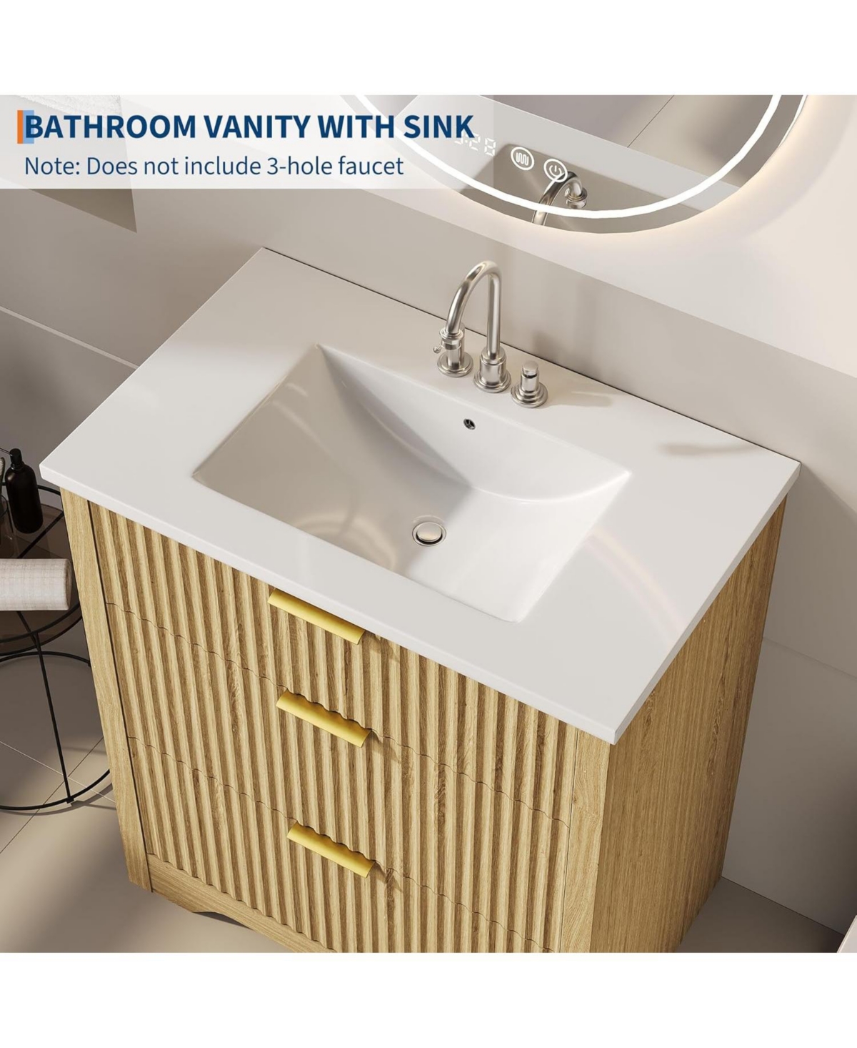 gaomon Fluted Bathroom Vanity with Sink, Farmhouse Freestanding Cabinet with 2 Drawers and Flip-Down Storage, Space-Saving for Small Bathroom