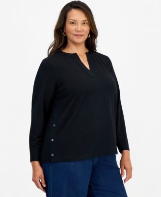 Plus Size LuxLounge French Terry Split-Neck Long-Sleeve Top