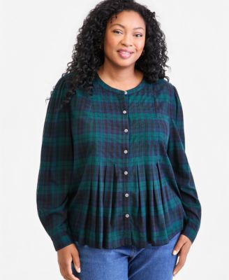 Plus Size Plaid Long-Sleeve Pleat Front Top