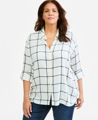 Plus Size Plaid Point-Collar Long-Sleeve Button-Down Shirt
