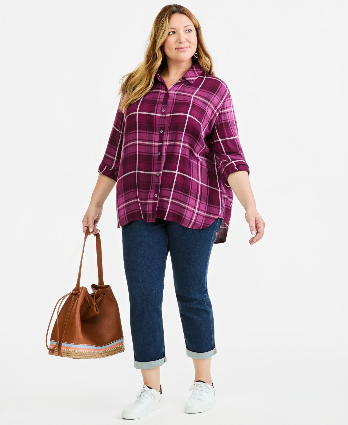 Женская рубашка Style & Co Plus Plaid Oversized Roll-Tab Button-Front, цвет: Delicate Brickberry — фото 3