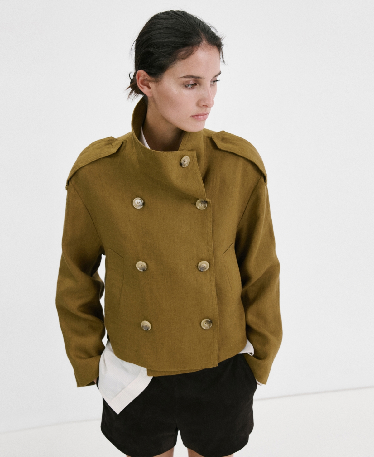 Mango Women's Funnel-neck Linen Trench Coat In Green