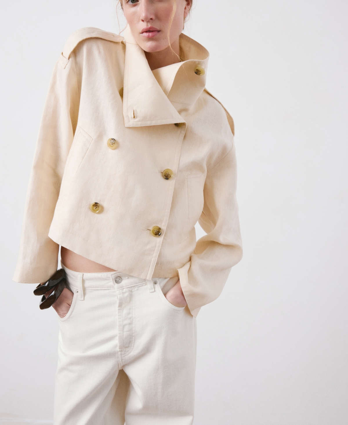 Mango Women's Funnel-neck Linen Trench Coat In Sand