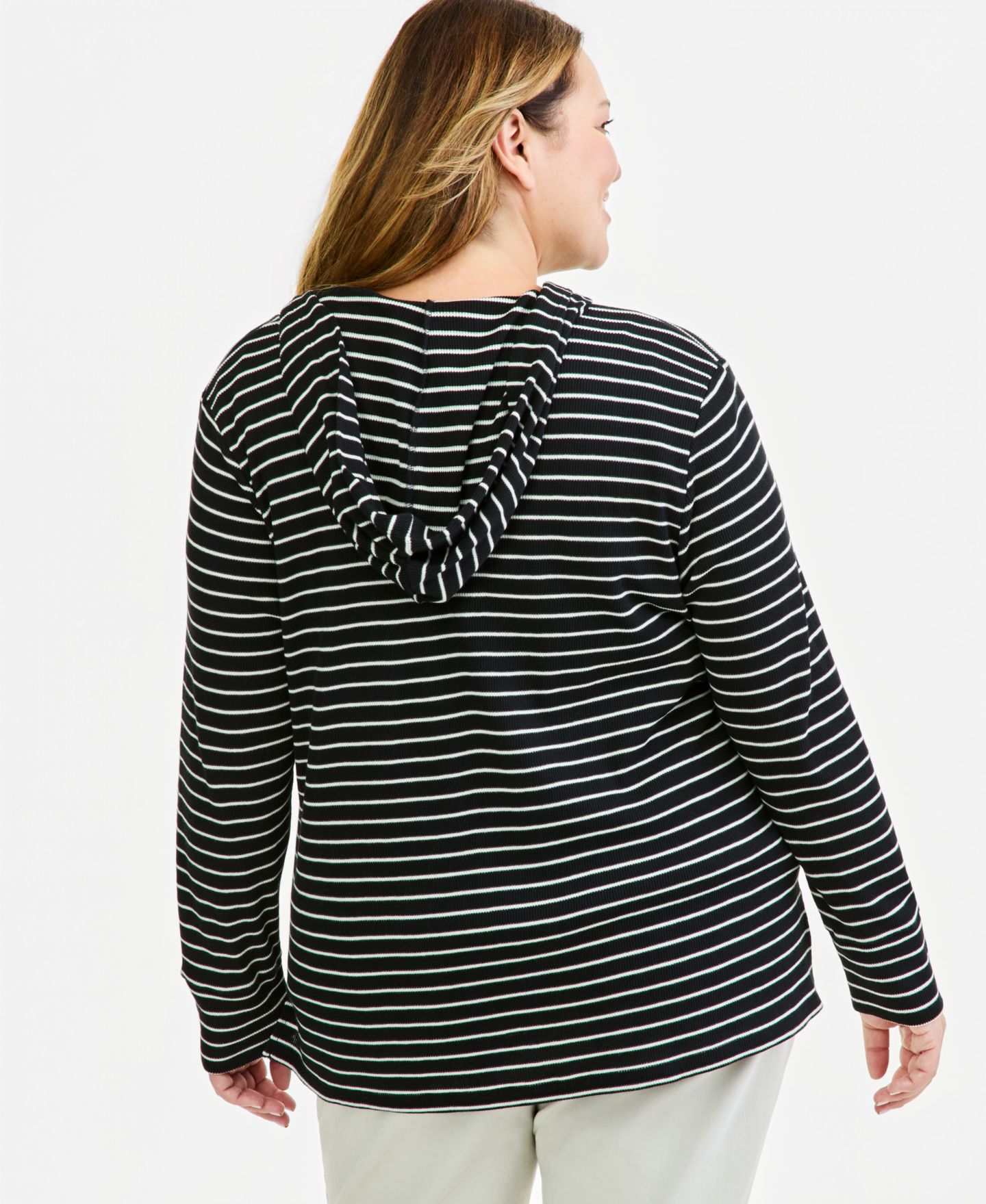 Женское худи Style & Co Plus Size Waffle-Knit Striped V-Neck, цвет: Глубокий чёрный — фото 2