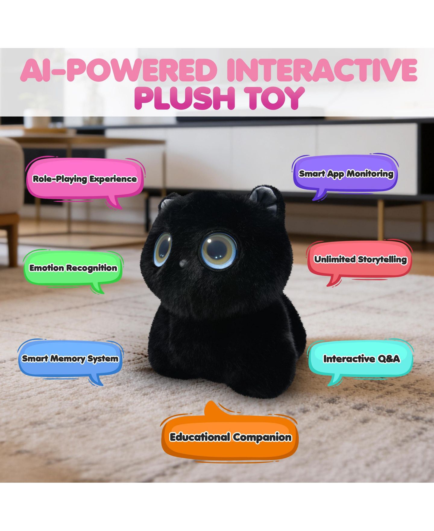 Детская мягкая игрушка Contixo Pixie-Paw 13" AI-Powered Interactive Plush Cat, цвет: Чёрный — фото 2