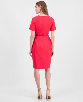 hot pink work dress Elegant Tie Neck Puff Short Sleeve Office Work Dress, Hot Pink / L