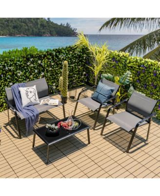 4 PCS Patio Furniture Set Loveseat Sofas Armrest Glass Table Deck