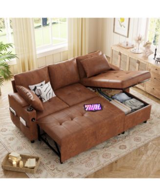 Sleeper Sofa Bed, 3-in-1 Pull Out Couch with Reversible Chaise, Leather Sleeper Sofa