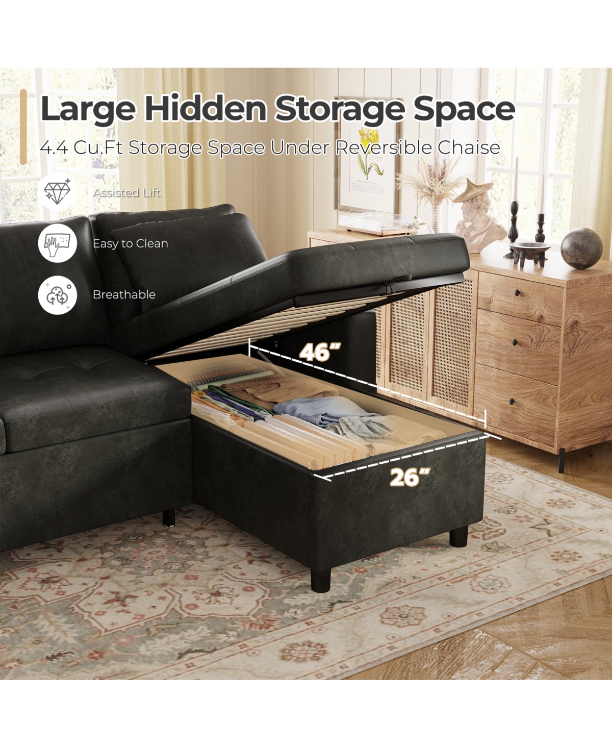 Aecojoy Sleeper Sofa Bed, 3-in-1 Pull Out Couch with Reversible Chaise, Leather