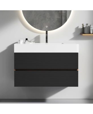 Wall Mounted Bathroom Vanity with Glossy Sink, Double Soft Close Drawers, Floating Mid Century Modern Storage